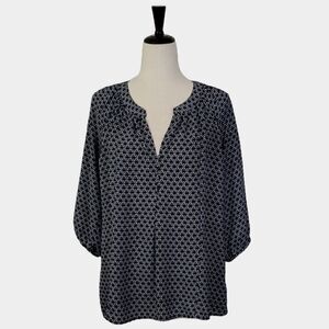 Dalia Collection Navy Blue Patterned Split Neck 3/4 Sleeve Chiffon Blouse Size M